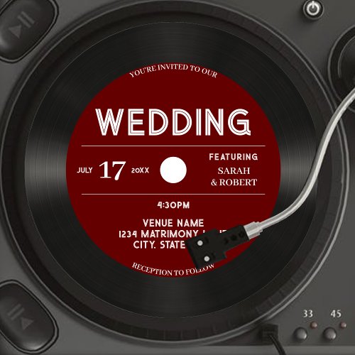 Retro Vintage Red Vinyl Record Black Wedding Invitation