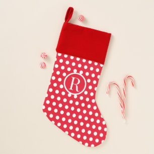 Retro Vintage Red White initial letter Polka Dot Christmas Stocking