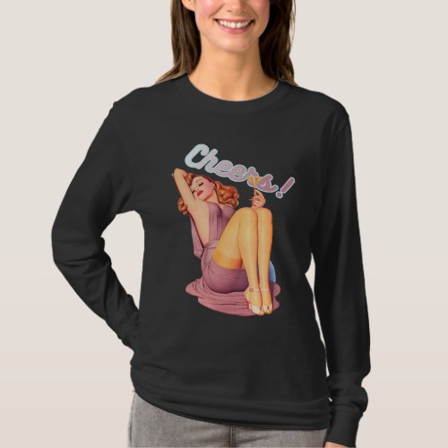 Retro Vintage Redhead Pin_up Girl with Cocktail T_Shirt