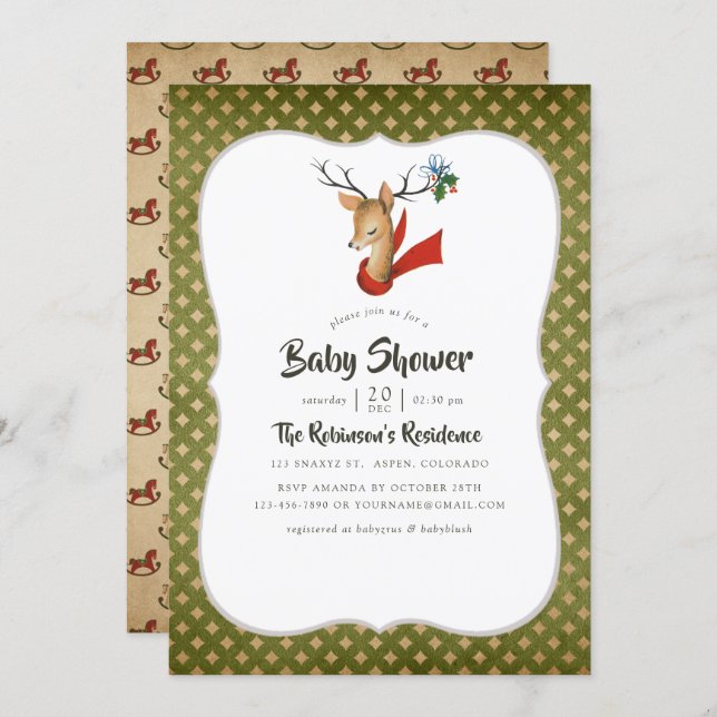 Retro Vintage Reindeer Christmas Baby Shower Invitation (Front/Back)
