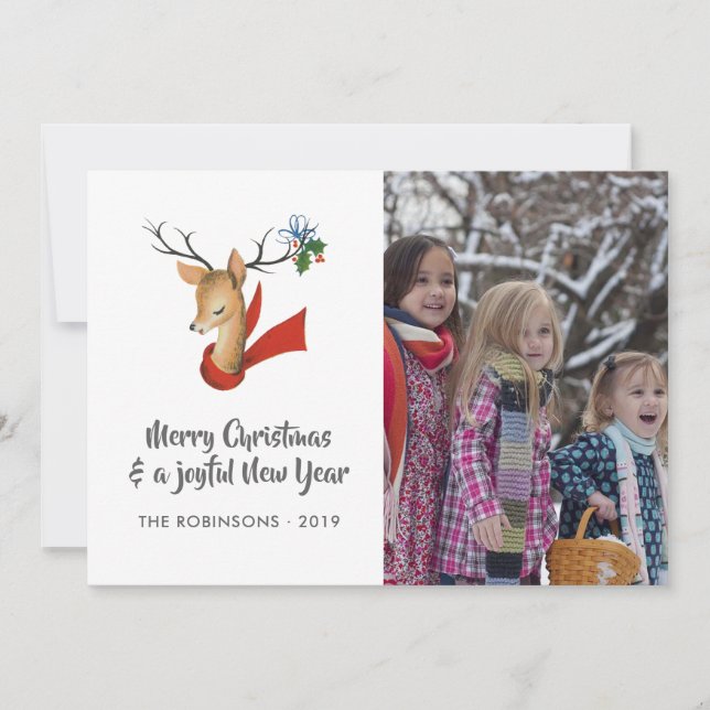 Retro Vintage Reindeer Christmas Family Photo Holiday Card (Front)