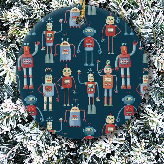 Retro Vintage Robots Ceramic Ornament (Fun robots Christmas ornament)
