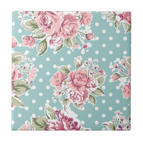 retro vintage rose pattern rose pink blue wwhite tile