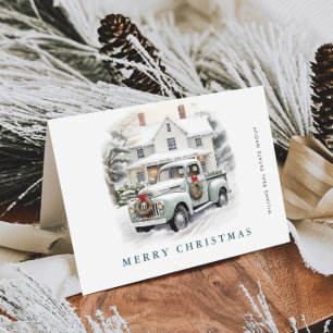 Retro Vintage Sage Farm Truck Christmas Corporate Holiday Card