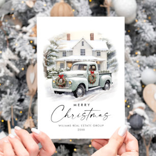 Retro Vintage Sage Farm Truck Christmas Corporate Holiday Card