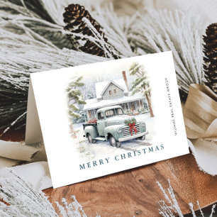 Retro Vintage Sage Farm Truck Christmas Corporate Holiday Card