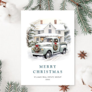 Retro Vintage Sage Farm Truck Christmas Corporate Holiday Card