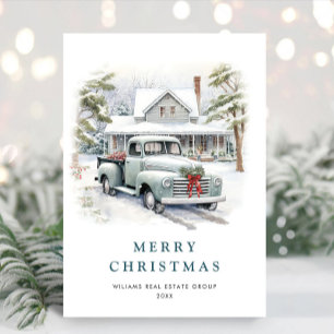 Retro Vintage Sage Farm Truck Christmas Corporate Holiday Card