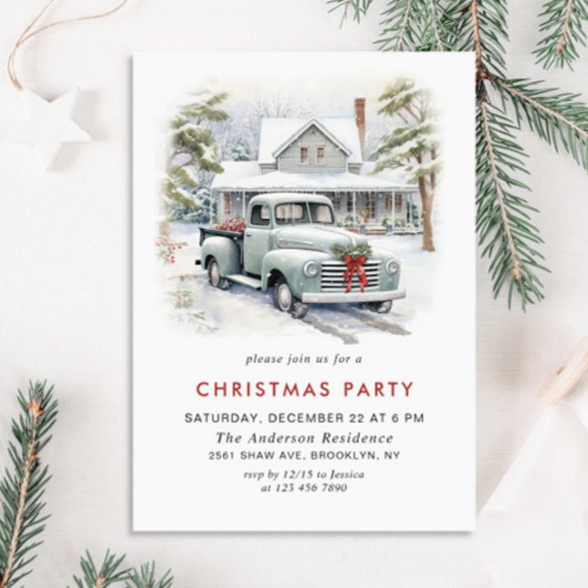 Retro Vintage Sage Farm Truck Christmas Party Invitation (Creator Uploaded)