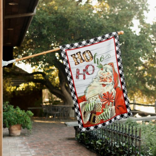 Retro Vintage Santa Claus Christmas Plaid Holiday House Flag