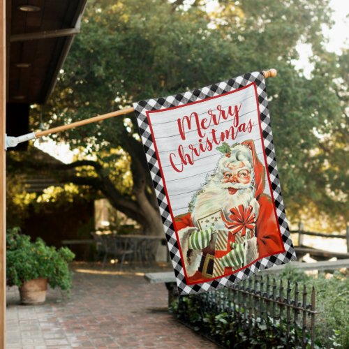 Retro Vintage Santa Claus Christmas Plaid Holiday House Flag