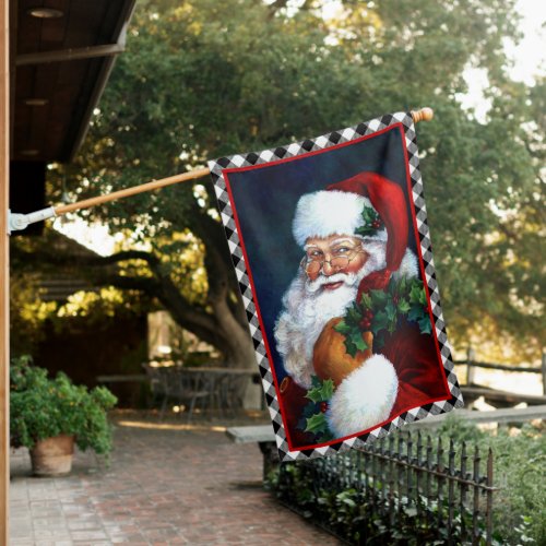 Retro Vintage Santa Claus Christmas Tartan Holiday House Flag