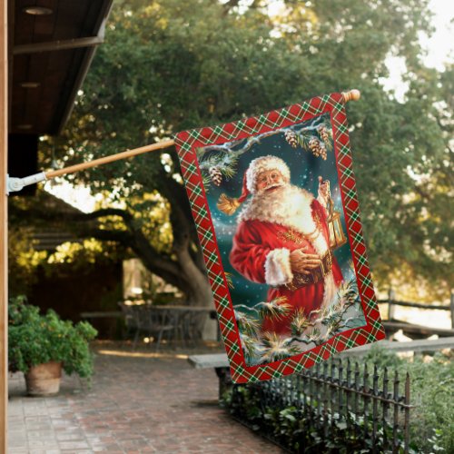 Retro Vintage Santa Claus Christmas Wreath Holiday House Flag