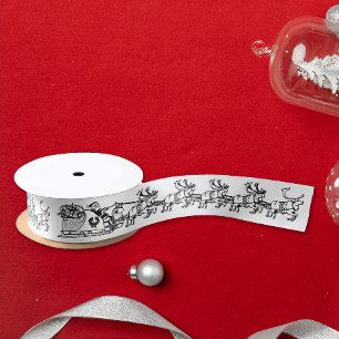 Retro Vintage Santa Claus Sleigh Reindeers White Satin Ribbon