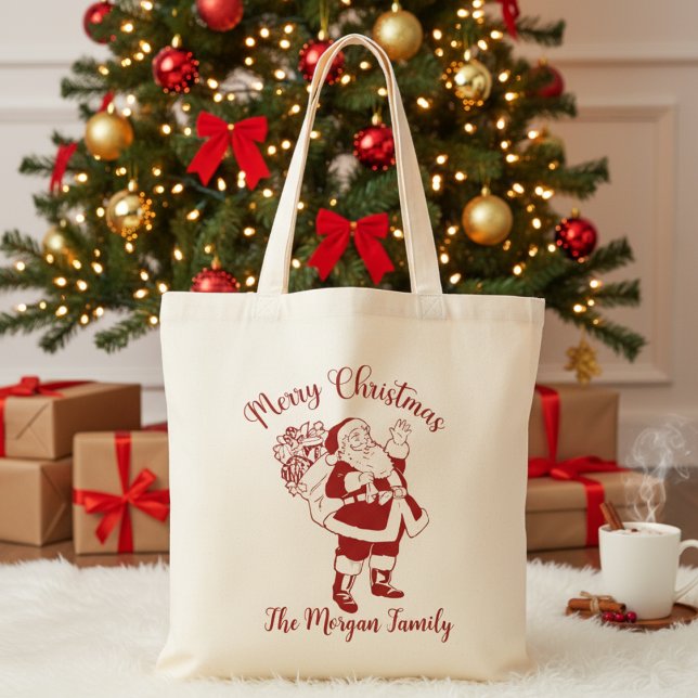 Retro Vintage Santa Custom Merry Christmas Tote Bag (Retro Vintage Santa Custom Merry Christmas Tote Bag. Add your name or special text!)