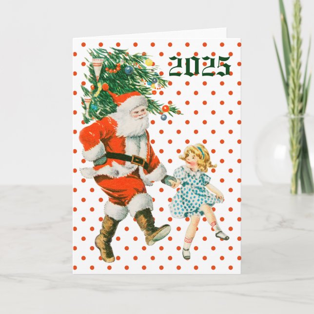 Retro Vintage Santa & Girl Christmas  Card (Front)