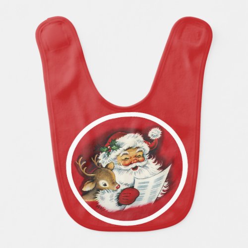 Retro Vintage Santa Reindeer and Holly Baby Bib