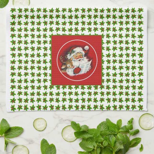 Retro Vintage Santa, Reindeer and Holly Kitchen Towel (Folded)