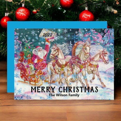 Retro Vintage Santa Sleigh Custom Merry Christmas Holiday Card