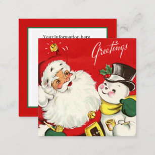 retro vintage Santa snowman add information Square Business Card