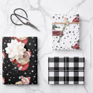 Retro Vintage Santa Tree On Car & Plaid Wrapping Paper Sheets