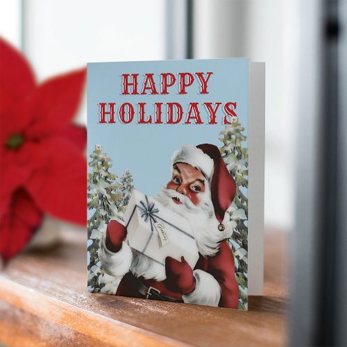 Retro Vintage Santa w Gift Non_Photo Holiday Card