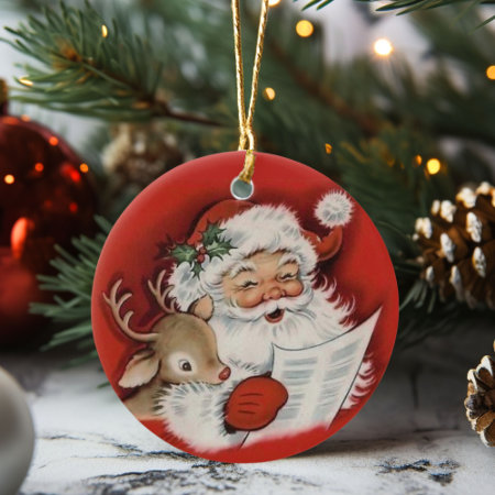 Retro Vintage Santa With Baby Rudolf Christmas Ceramic Ornament