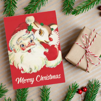 Retro Vintage Santa With Rudolf Custom Christmas Holiday Card by VintageDawnings at Zazzle