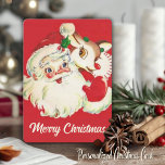 Retro Vintage Santa with Rudolf Custom Christmas Holiday Card<br><div class="desc">Send your Christmas wishes this year with this adorable vintage holiday card that features Santa Claus and Rudolf the red nosed reindeer. Personalize by customizing the message on the back and/or adding your name(s).</div>