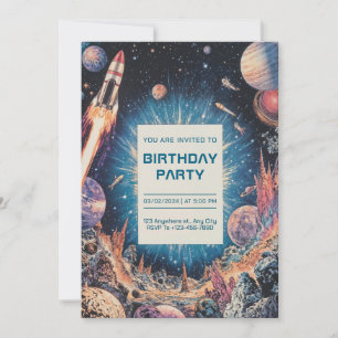 Retro Vintage Sci Fi Space Explorer Birthday Invitation