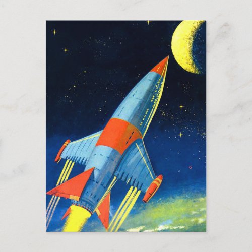 Retro Vintage Sci Fi Space Rocket to the Moon Postcard