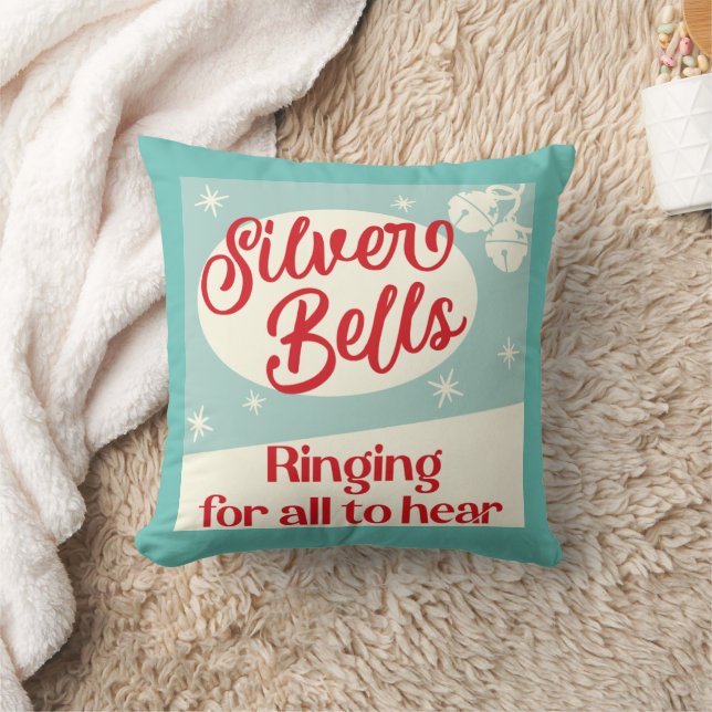 Retro Vintage Silver Bells Christmas Throw Pillow (Blanket)