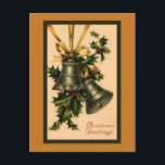 Retro Vintage Silver Christmas Bells, Gold Ribbon Postcard<br><div class="desc">This Christmas postcard has a vintage image of two silver bells tied together with a gold ribbon. Green holly with red berries are the accent. Bottom left has text that says "Christmas Greetings". I have slightly altered the image to make the gold ribbon more visible and darkened some of the...</div>