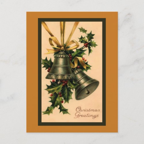 Retro Vintage Silver Christmas Bells Gold Ribbon Postcard