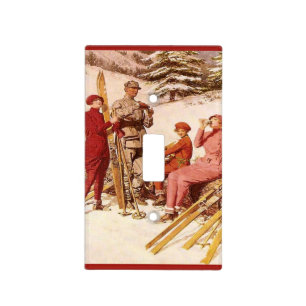 Retro vintage Ski poster, skiers at the ready Light Switch Cover