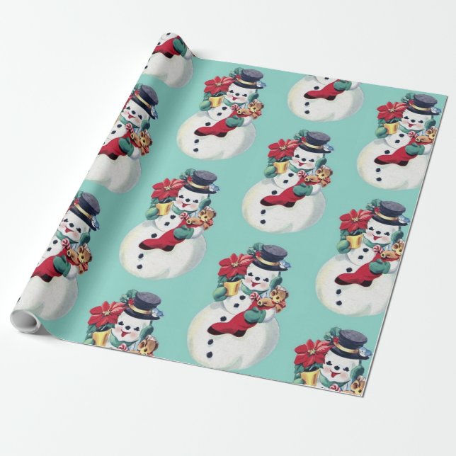 Retro Vintage Snowman Christmas Wrapping Paper (Unrolled)