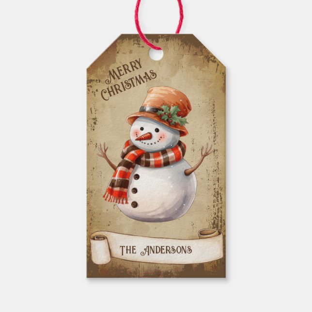 Retro Vintage Snowman Custom Merry Christmas Gift Tags (Front)