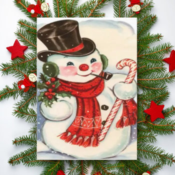 Retro Vintage Snowman In Top Hat Custom Christmas Holiday Card by VintageDawnings at Zazzle