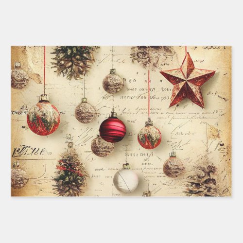 Retro Vintage Stars Ornaments Pine Cones Christmas Wrapping Paper Sheets