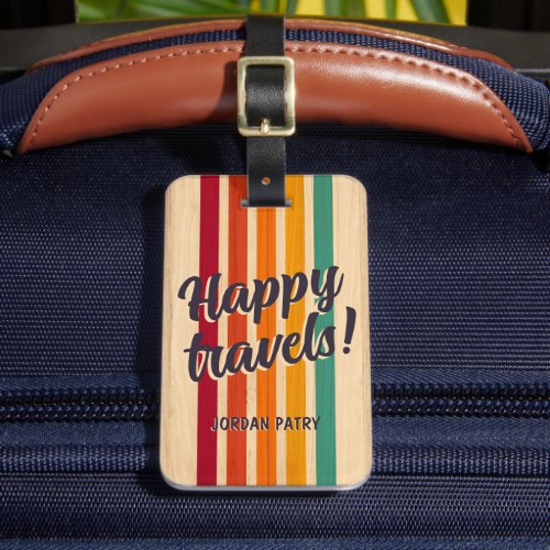 Retro Vintage Stripes Custom Name Happy Travels Luggage Tag