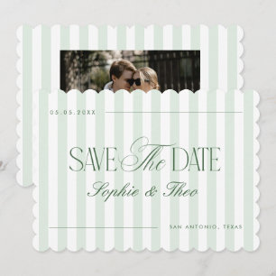 Retro Vintage Stripes Scalloped Sage Green Wedding Save The Date