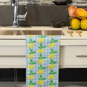 Retro Vintage Style Yellow Lemons Blue White Check Kitchen Towel
