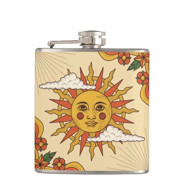 Retro Vintage Sun and Butterflies Hip Flask (Front)