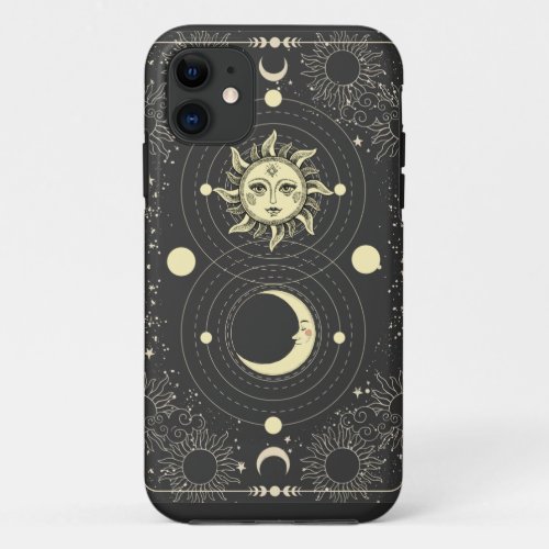 Retro vintage sun moon planets clouds tarot frame  iPhone 11 case