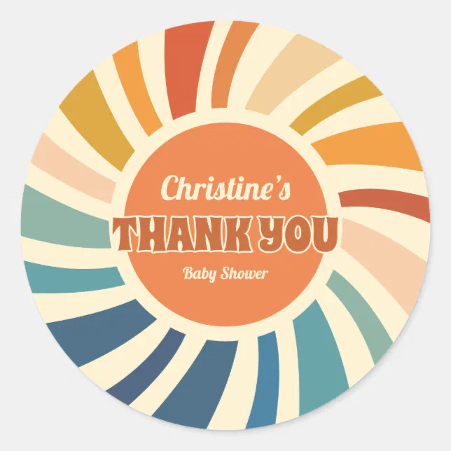 Retro Vintage Sun Rainbow Baby Shower Thank You Classic Round Sticker ...