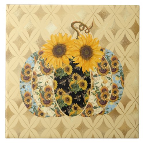 Retro Vintage Sunflower Pumpkin Ceramic Tile