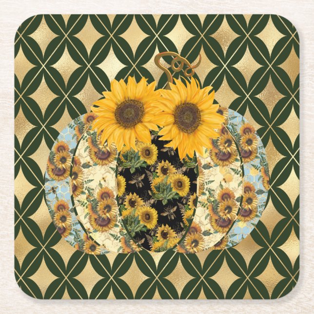 Retro Vintage Sunflower Pumpkin Paper Coasters (Front)