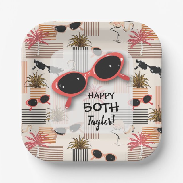 Retro Vintage Sunglasses Flamingos Palms Paper Plates (Front)