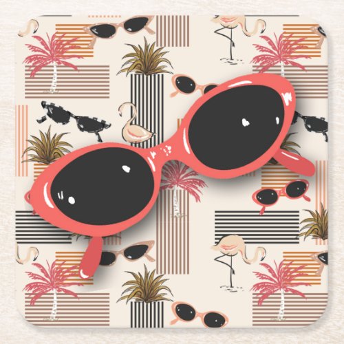 Retro Vintage Sunglasses Flamingos Palms Square Paper Coaster