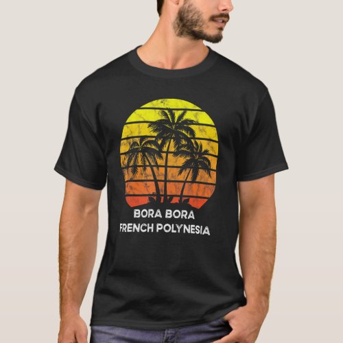 Retro Vintage sunset coco palm tree Bora Bora Fren T_Shirt